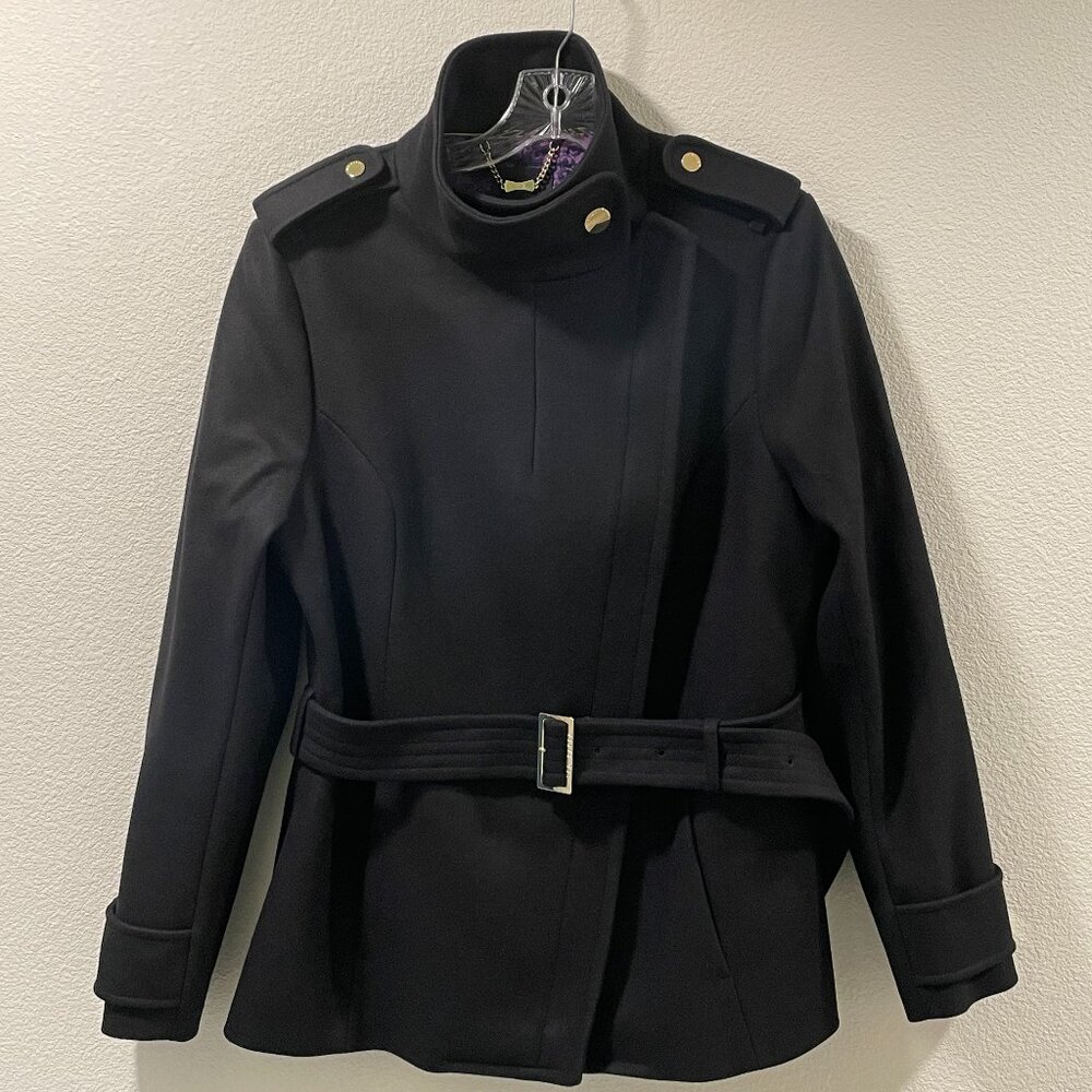 TED BAKER NEW "Cunioy" RARE Coat Funnel Neck Wool/Cashmere Blend Black Size L/12